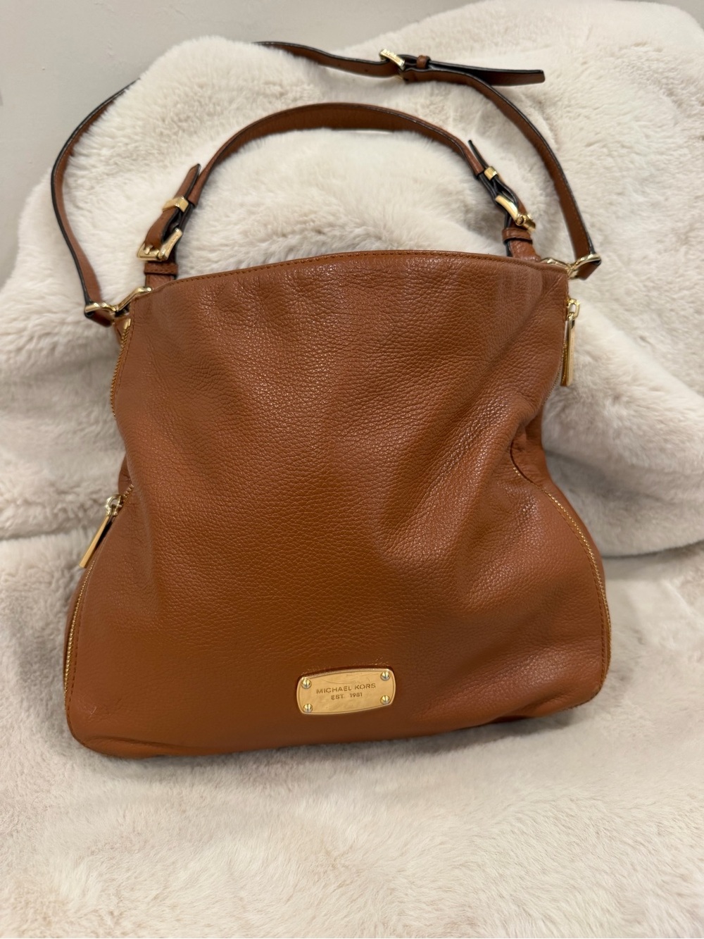 Michael Kors Cognac Pebbled Leather Shoulder Bag with Gold Hardware